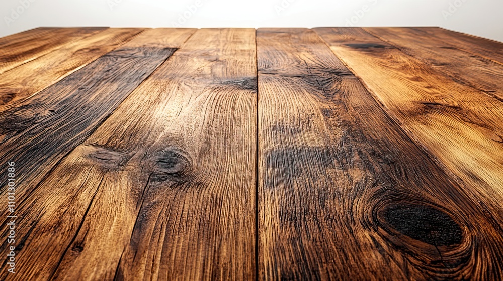Poster white background with the empty top of a wood laminate floor table or counter isolated for the purpo