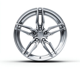 Obraz premium silver wheel with a polished surface and five sharp edges, featuring the pattern of sports car wheels on a white background.