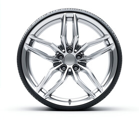 Obraz premium silver wheel with a polished surface and five sharp edges, featuring the pattern of sports car wheels on a white background.