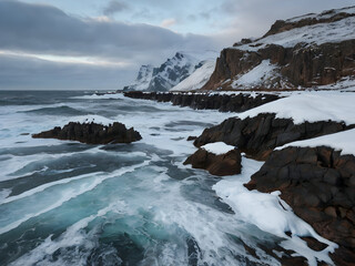 Fototapeta premium A winter coast with cliffs covered in patches of snow, where icy waves meet the rocky shore, illustrating the cold beauty of the season.