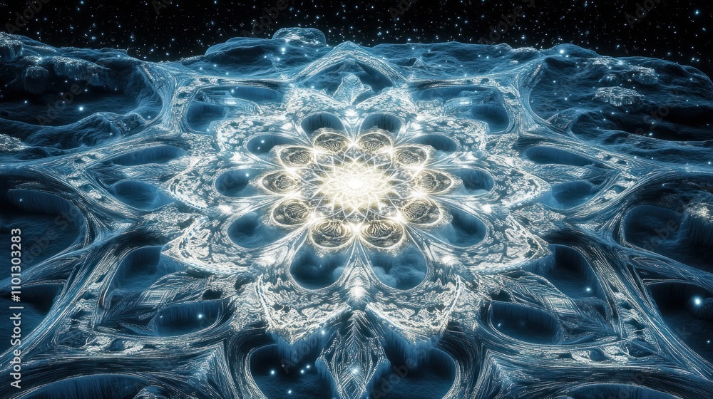 Poster a mesmerizing fractal design with intricate patterns and glowing elements.