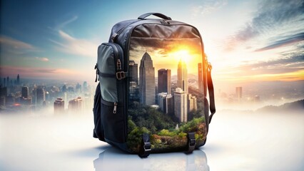 Black Travel Backpack Isolated on White Background with Double Exposure Effects Showcasing Adventure and Exploration Themes for Travel Enthusiasts and Wanderers