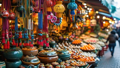 Fototapeta premium Close-Up of Vibrant Handcrafted Lanterns and Artisan Decor at a Festive Market