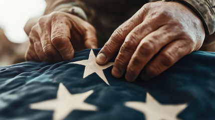 Close-up of hands handling a folded flag with white stars on a blue background, representing a ceremonial or patriotic theme, possibly involving military context.