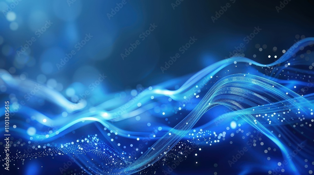 Poster a vibrant blue abstract background featuring flowing waves and sparkling particles, evoking a sense 
