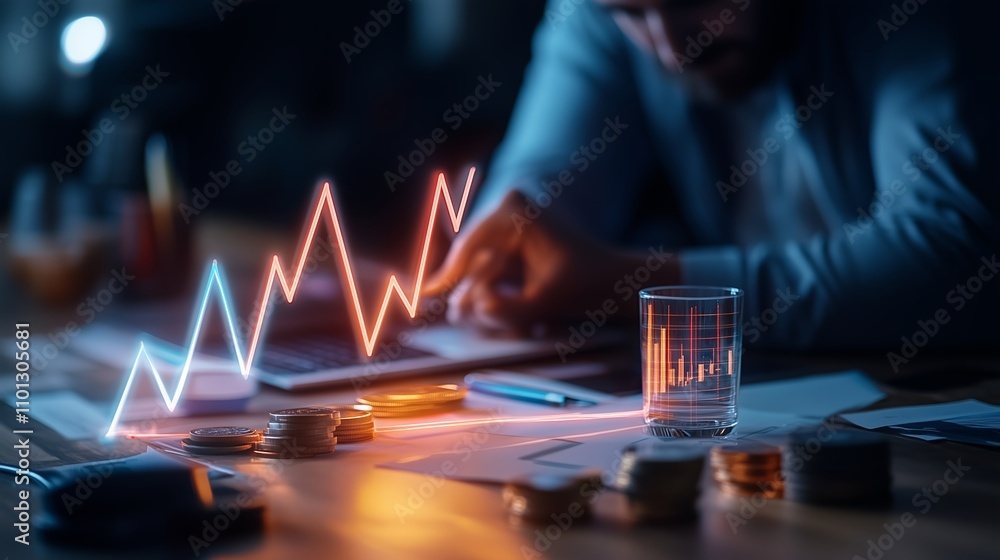 Poster business professional analyzing data trends with financial reports and graphs during evening hours a
