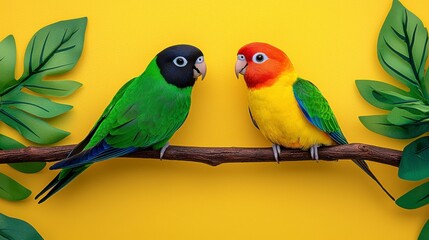 Obraz premium Two vibrant parrots perched on a branch against a bright yellow background, surrounded by green leaves, creating a lively and colorful scene.
