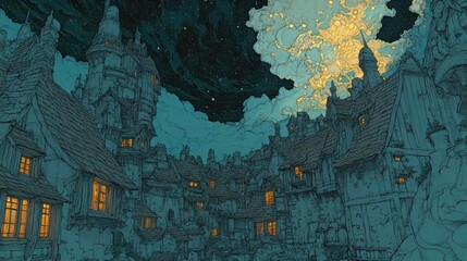 Fototapeta premium A whimsical, illustrated night scene of a quaint village under a starry sky.
