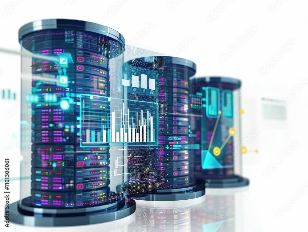 Poster a futuristic depiction of data storage with glowing servers and digital graphs, illustrating advance