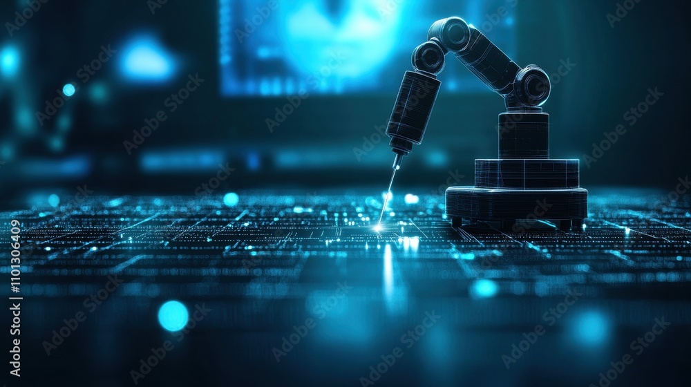 Poster robotic arm operating on advanced circuit board in blue futuristic environment