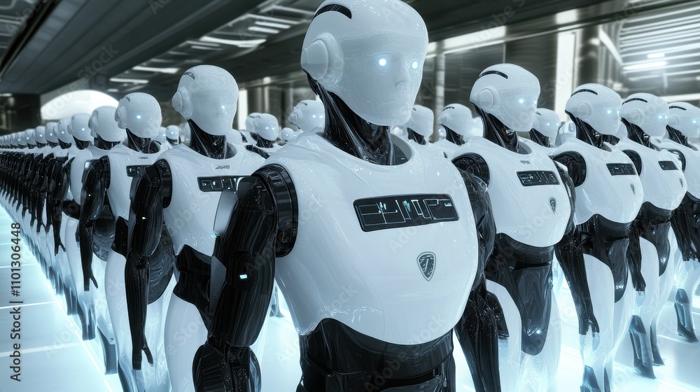 Poster futuristic army of humanoid robots standing in rows
