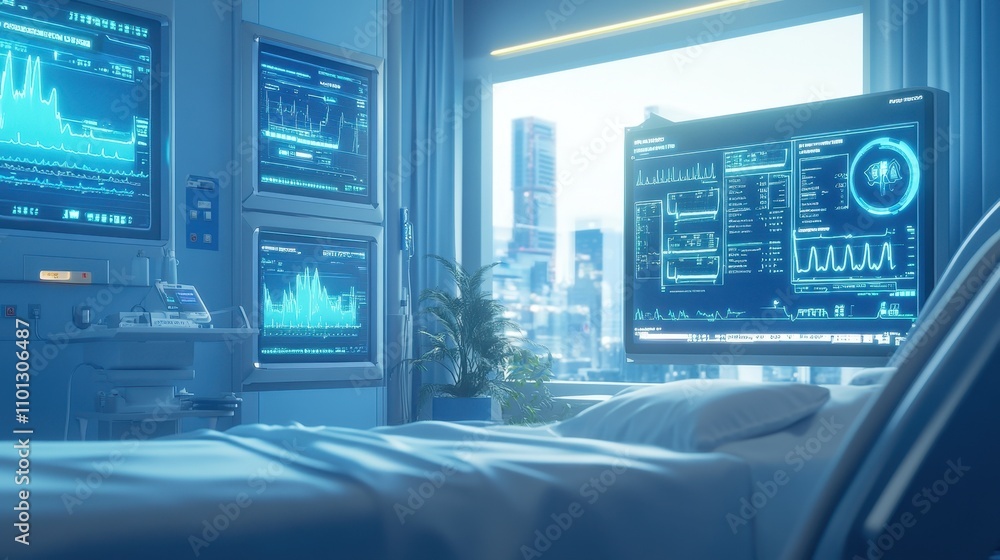 Poster futuristic financial data analysis and monitoring in high-tech office