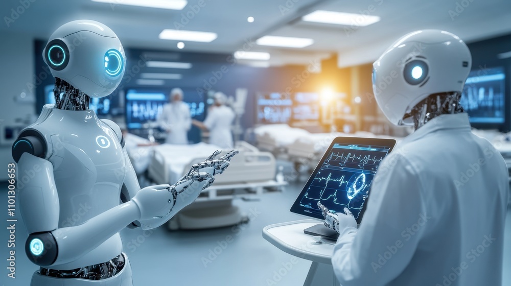 Aufkleber futuristic robots collaborating in a high-tech research laboratory