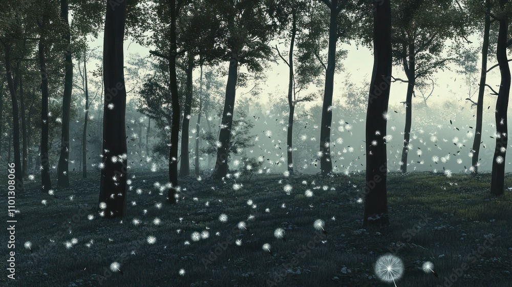 Aufkleber a serene forest scene with ethereal floating particles amidst tall trees and mist.