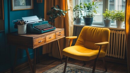 Fototapeta premium Vintage Home Office with Yellow Chair and Typewriter