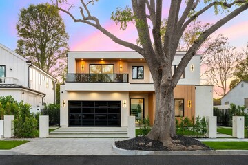 Contemporary house with tree and sunset sky.