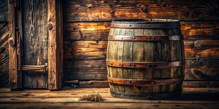 Candid Photography of an Aged Barrel in Rustic Setting, Close-Up of Cask Texture, Perfect for Vintage Decor and Distillery Themes, Evoking Nostalgia and Timeless Charm
