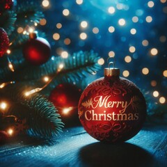 Red Christmas Ornament - Decorated Christmas Bauble Background with Merry Christmas Text Christmas Ornament with Christmas Tree - Holiday Diffused Bokeh Wallpaper - Snow, Mistletoe and Presents
