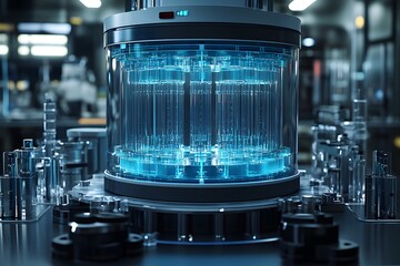 A cinematic still of an advanced quantum computer in the center of a laboratory