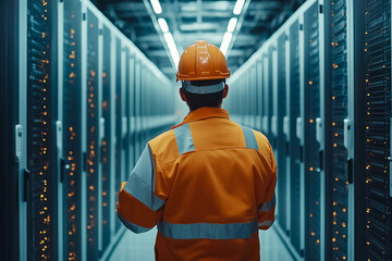 A worker in an orange safety jacket and helmet inspects server racks in a bright, modern data center