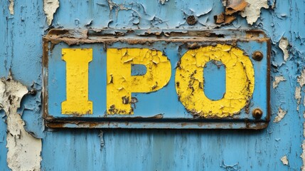 Yellow "IPO" text on chipped blue background, weathered surface, bold typography, worn and rustic, textured wall, industrial style, peeling paint, urban aesthetic