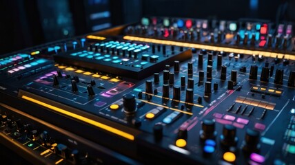 Fototapeta premium Colorful Audio Mixing Console with Illuminated Controls in Studio