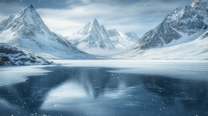 Obraz premium snowy peak and frozen lake, cold blue tones, isolated natural beauty, realistic textures, serene and grand, peaceful and majestic, tranquil and vast landscape
