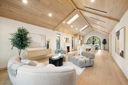 Modern living room with vaulted ceilings and stylish decor.