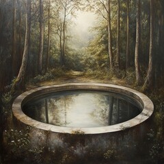 Fototapeta premium Forest's Embrace: A Circular Pond Reflecting Tranquil Nature