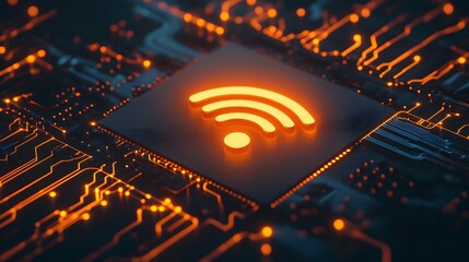 A close-up of a wireless network icon on top, surrounded by orange and yellow glowing data streams representing the cell tower's network connection