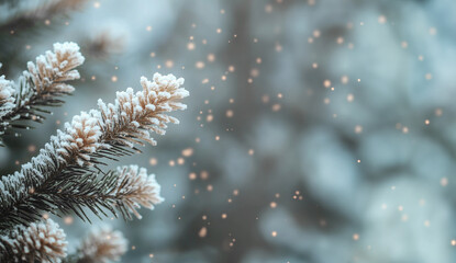 Winter nature background with fir branches, snowfall and bokeh