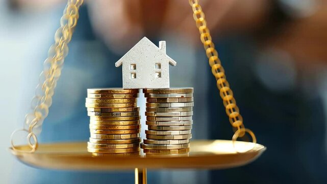 A scale balancing coins and a house symbolizing financial investment and real estate value.