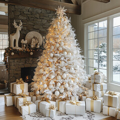 White Christmas tree in living room at window and many white gift boxes