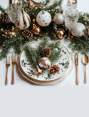 Modern Christmas table setting with fir branches, toys and baubles on white, top view