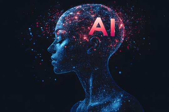 A digital human figure with the letters "AI" glowing on their head, symbolizing artificial intelligence technology