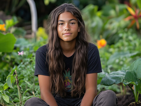 Fototapeta Native Hawaiian Teen Pioneers Urban Agriculture Initiative, Promoting Traditional Farming Techniques and Sustainable Practices to Inspire Community Empowerment and Cultural Heritage.