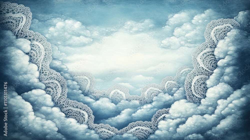 Poster a whimsical sky scene with fluffy clouds and intricate lace patterns creating a dreamy atmosphere.