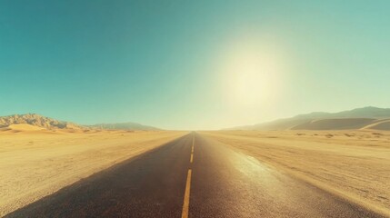 Naklejka premium endless desert road stretching into horizon, hot and sunny atmosphere, sand dunes on both sides, clear blue sky, peaceful and solitary scene, open landscape, daytime