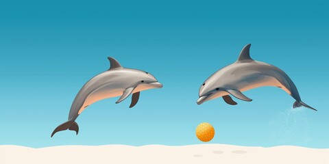 Fototapeta premium Two dolphins are playing with a ball in the ocean. The scene is lively and playful, with the dolphins jumping and diving in the water. The ball is floating in the air