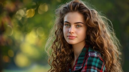 Naklejka premium Beautiful girl with beautiful curly hair, slim with curves on blurred outdoor background,