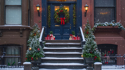 festive townhouse stoop adorned with holiday decorations, snow falling, and warm lights creating cozy atmosphere
