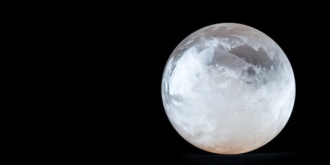 Obraz premium A large white crystal ball sits on a black background. The ball is surrounded by a white frosted surface, giving it a mysterious and ethereal appearance. The contrast between the white ball