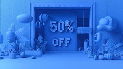 Grey and navy 3D 50% OFF discount text on a blue canvas.