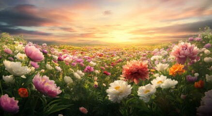 Fototapeta premium A Colorful Peony Field at Sunrise
