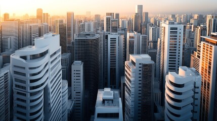 Obraz premium Aerial view of a modern city skyline with numerous tall skyscrapers and buildings at sunset, showcasing contemporary architecture and urban density.
