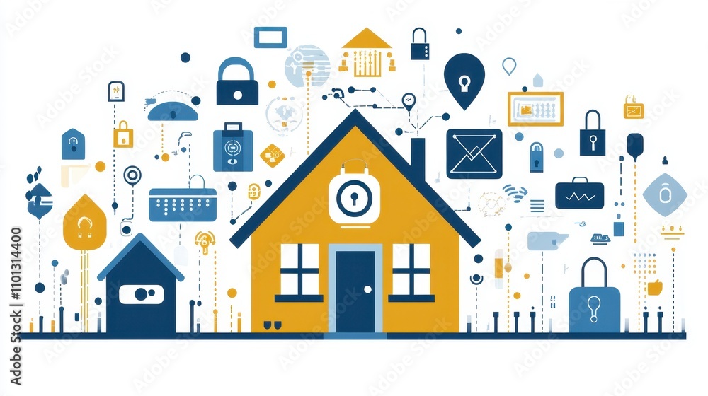 Poster secure home surrounded by smart technology and security concepts
