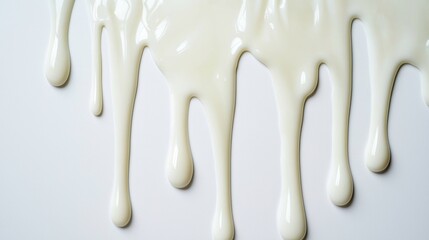 A smooth, creamy texture of dripping white substance on a light surface, evoking a sense of freshness and indulgence.