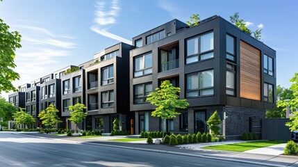 Fototapeta premium photograph of Modern modular private black townhouses. Residential architecture exterior. Created with