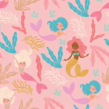 Lovely mermaids, seamless pattern design, undersea childish texture, pink background, vector illustration.