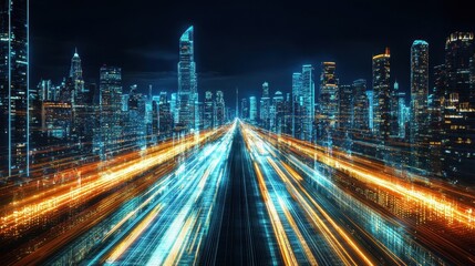 Obraz premium Futuristic Cityscape with Blurry Traffic Lights and Skyscrapers at Night